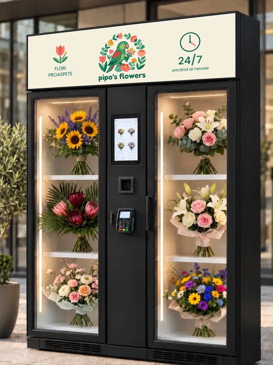 Florăria automată Pipo's Flowers, vitrină climatizată cu buchete proaspete, în Chiajna Shopping Center
